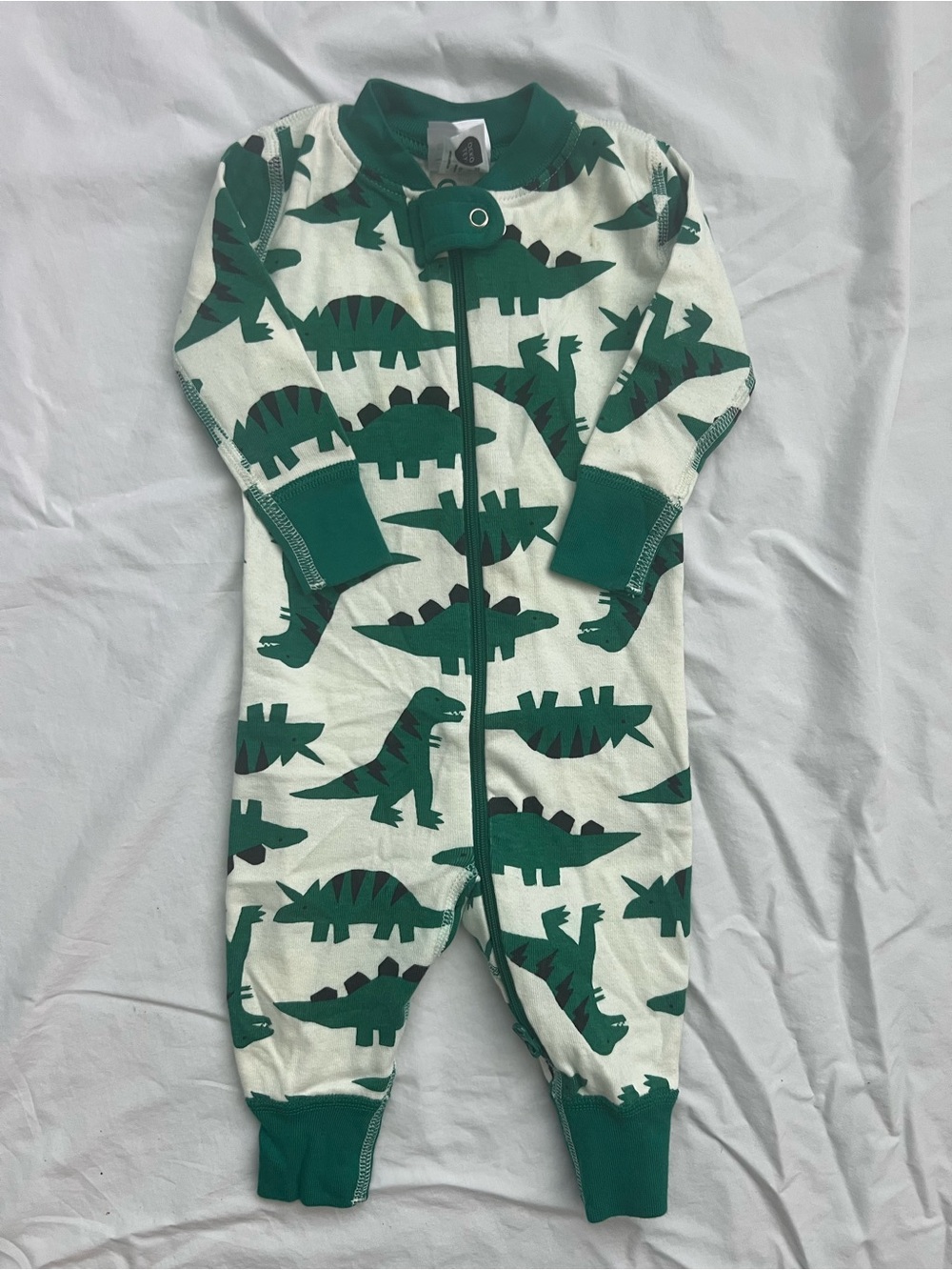 Hanna Andersson Cream and Green Dinosaur Zip Footie